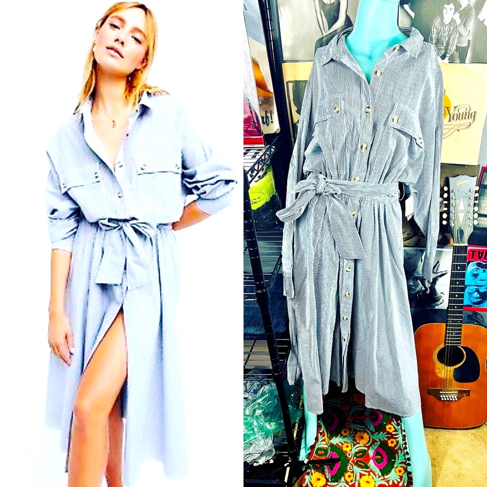 🔥NWT FREE PEOPLE 1980’s STYLE STRIPED SHIRT TRENCH DRESS COTTON L RETAIL $148